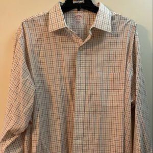 Brooks Brothers  Men Brown Orange White Check Dress Shirt Size 17 1/2x35 XL